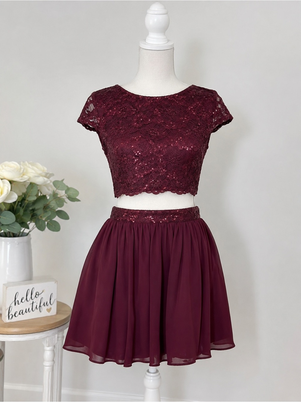 Speechless Burgundy Sequin Lace Crop Top Chiffon Skater Skirt Set Size 7 Prom